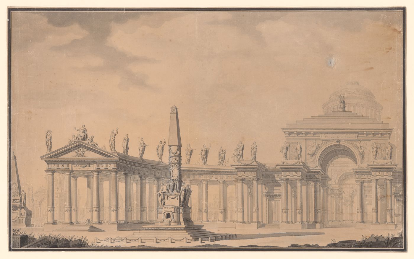 Arc monumental précédé d'une colonnade semi-circulaire et d'un obélisque