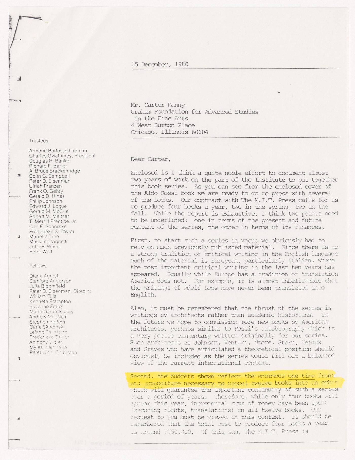 Letter from Peter D. Eisenman to Carter H. Manny Jr. about IAUS publishing program and support from the Graham Foundation