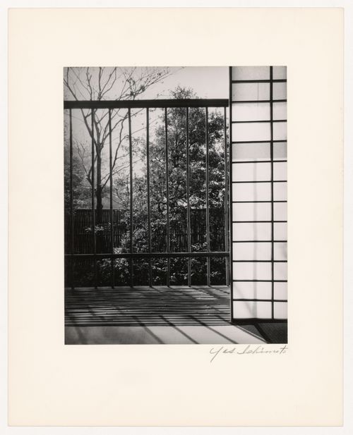 View of the doorway and the bamboo veranda on the south side of the Third Room (also known as the Anteroom) of the Shoiken showing the garden in the background, Katsura Rikyu (also known as Katsura Imperial Villa), Kyoto, Japan
