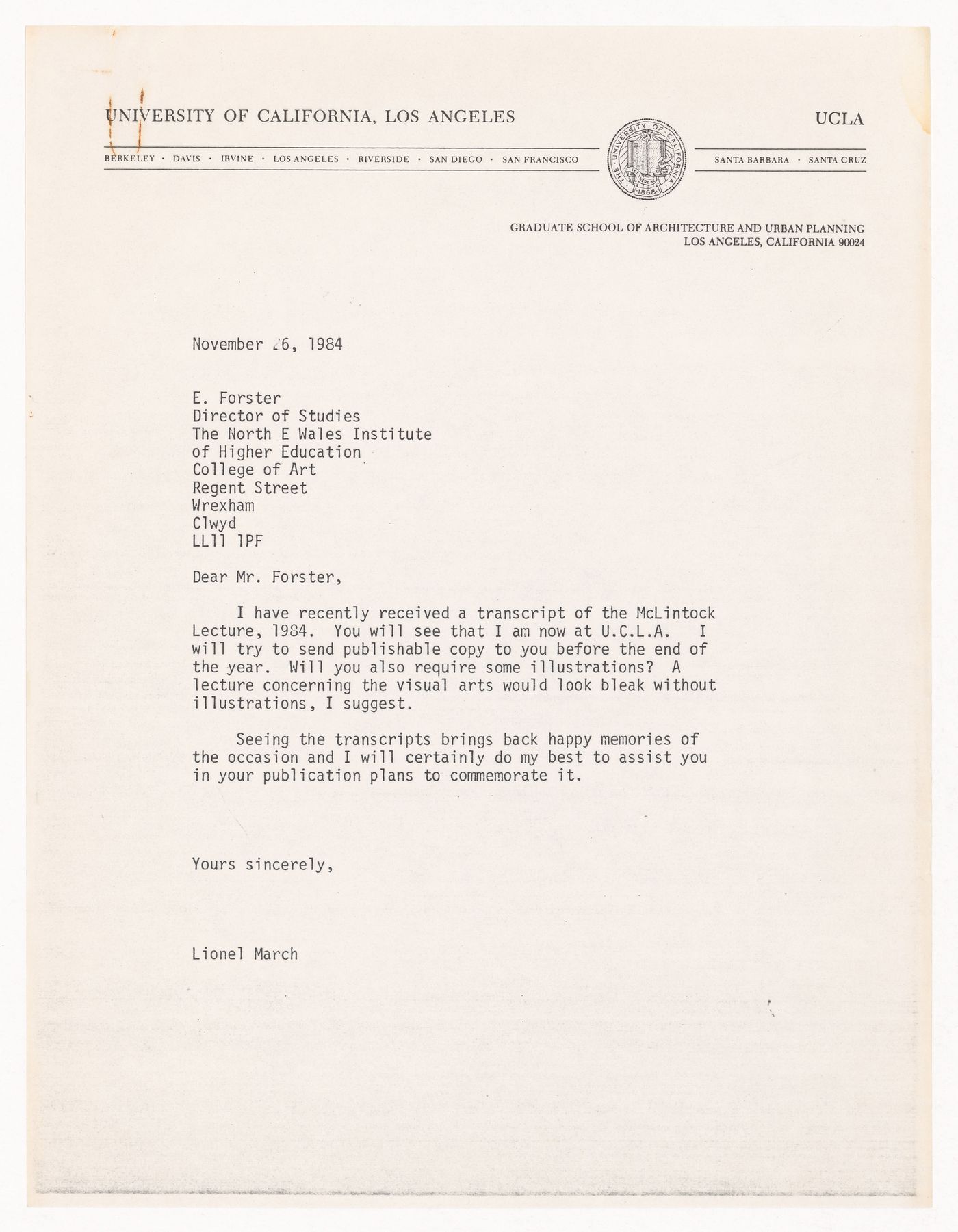 Correspondence and transcript of McLintock lecture, "the Aesthetic State", given by Lionel March at North East Wales Institute