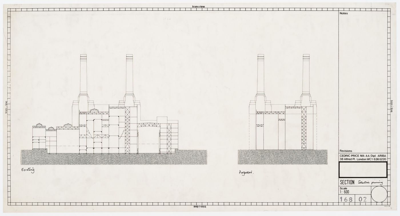 Bat Hat: Battersea Power Station Competition, entry by Cedric Price: sections for existing and proposed structures