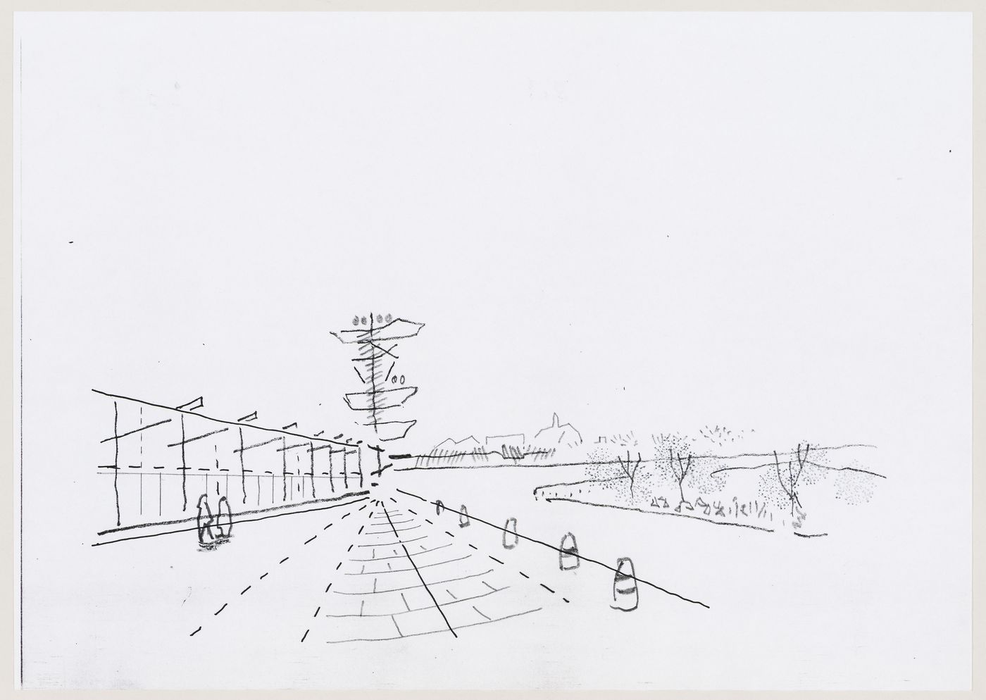 Mills: perspective sketch of walkway and sentinel tower