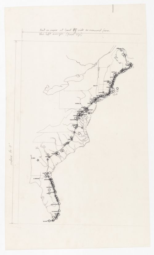 Map of eastern coast of the United States of America with suggested route marked (from the project-file United States One (U.S. 1))