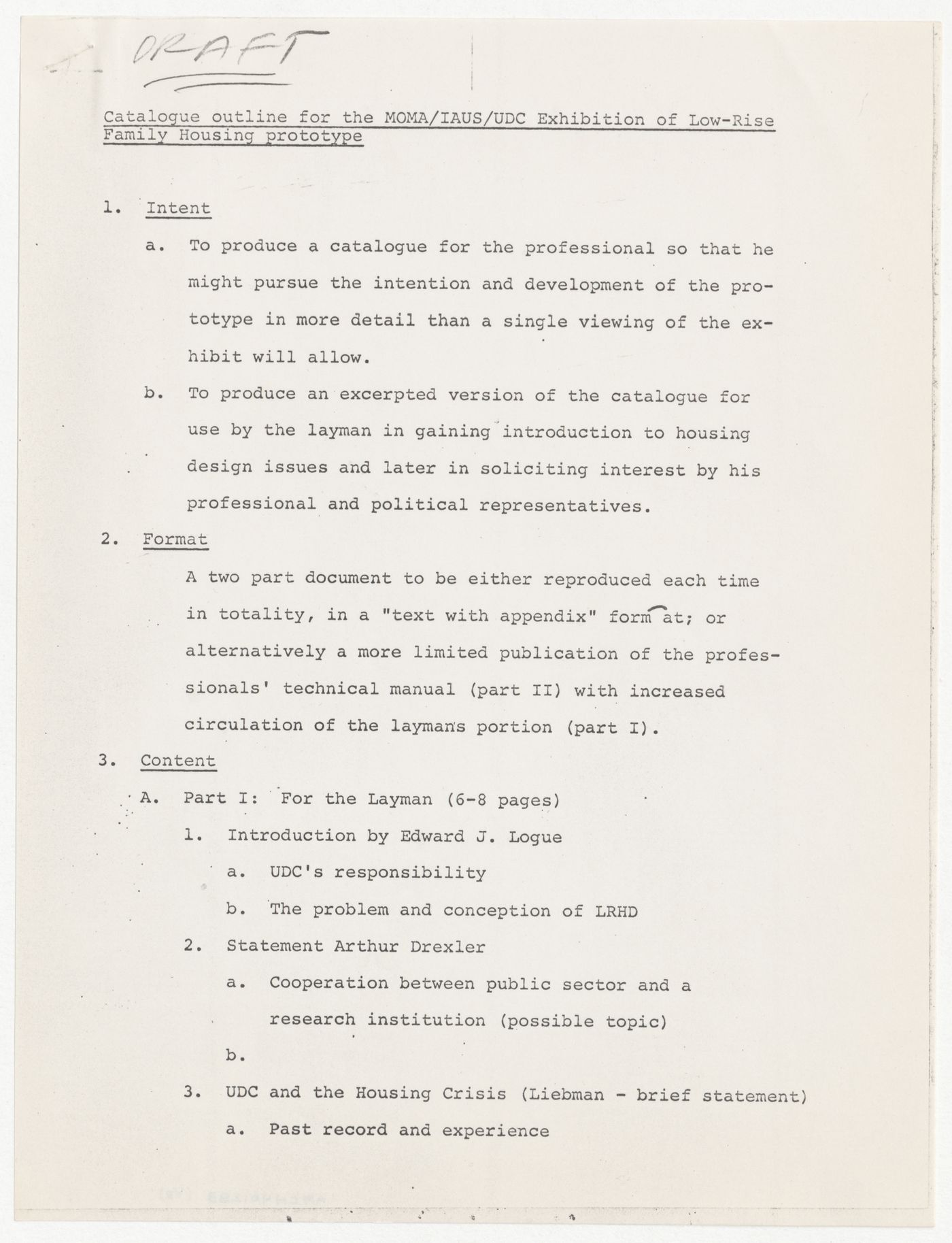 Draft catalog outline for IAUS, Museum of Modern Art (MoMA) and Urban Development Corporation (UDC) exhibition of Low-Rise Family Housing prototype