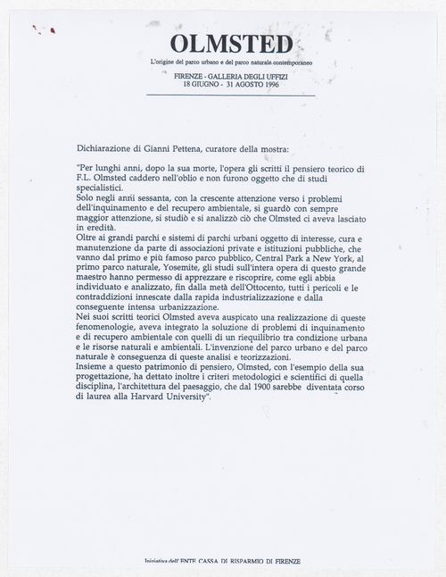Exhibition description by Gianni Pettena for the exhibition Olmsted: L'origine del parco urbano e del parco naturale contemporaneo