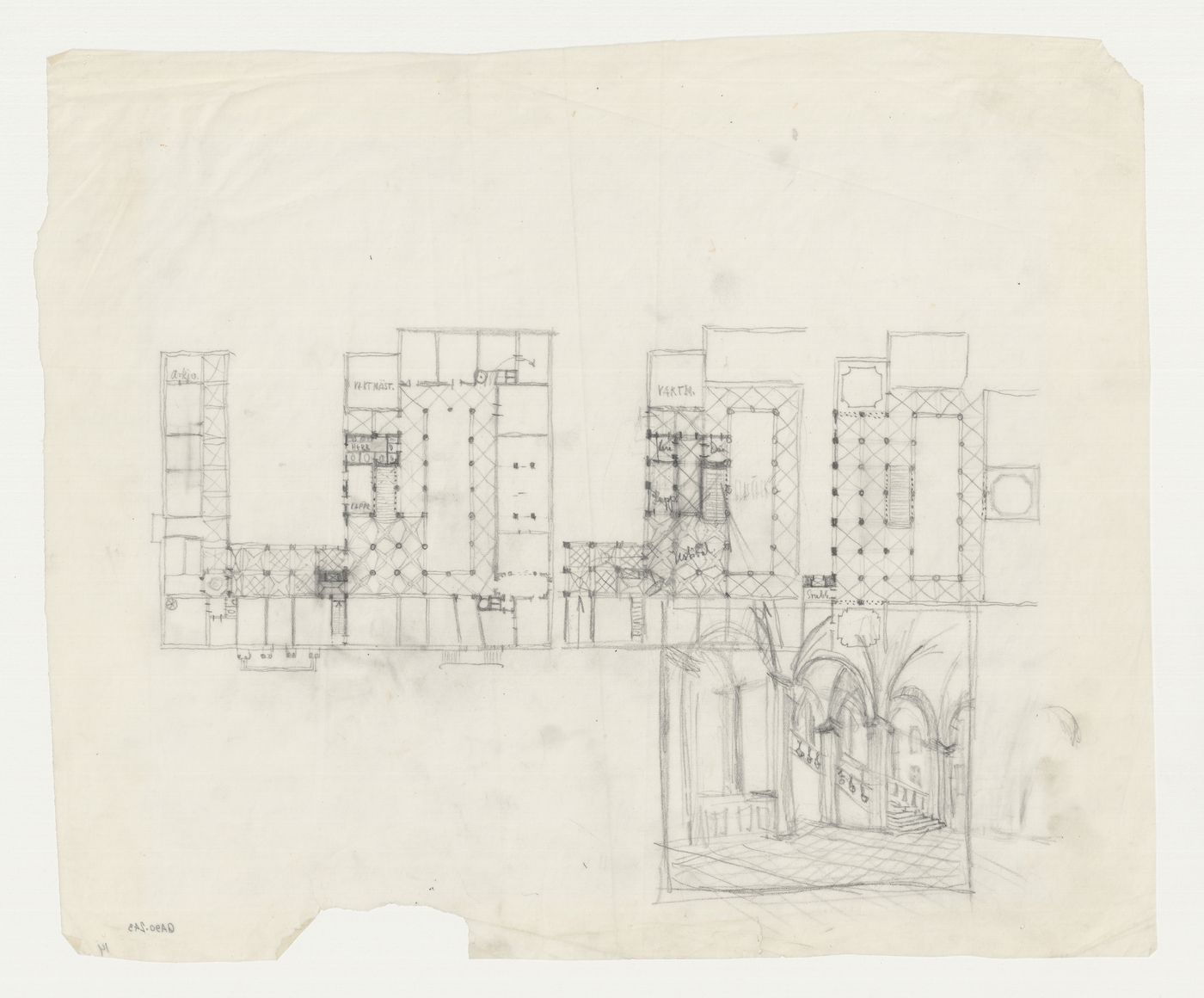 Plans and an interior perspective for the 1918-1925 design for the Göteburg rådhusets tillbyggnad [courthouse annex] showing the Göteburg rådhusets [courthouse], Göteborg, Sweden