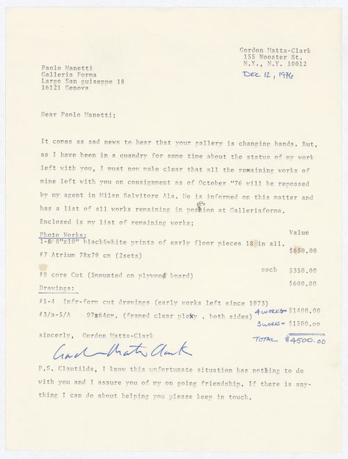 Letter from Gordon Matta-Clark to Paolo Minetti