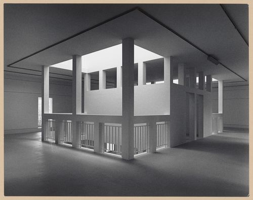 Interior view of the Deutsches Architekturmuseum [German Architecture Museum] showing the principal and lateral façades of the second storey of the House-in-House, light wells and exhibition areas, Schaumainkai 43, Frankfurt am Main, Germany