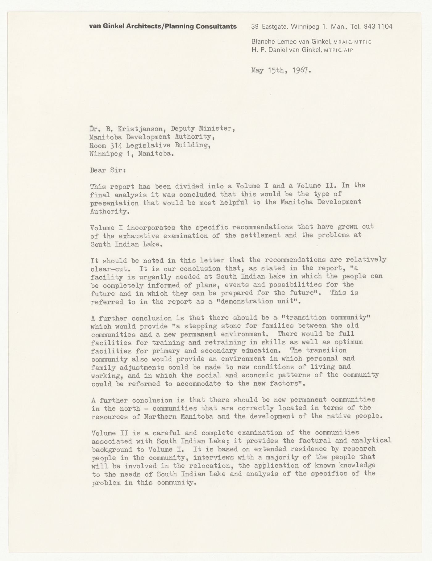 Letter from H. P. Daniel van Ginkel and Ralph Hedlin to Manitoba Development Authority for South Indian Lake, Manitoba