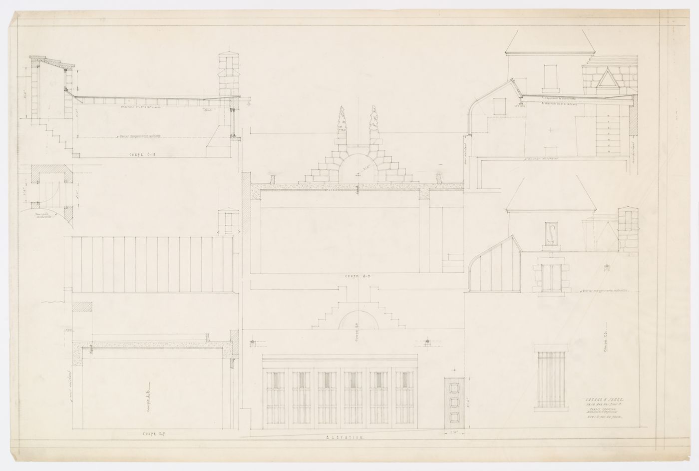 Élévation et coupe du garage et de la serre,  Résidence Ernest Cormier, 1418 Avenue des Pins Ouest, Montréal, Canada (1929-1957)