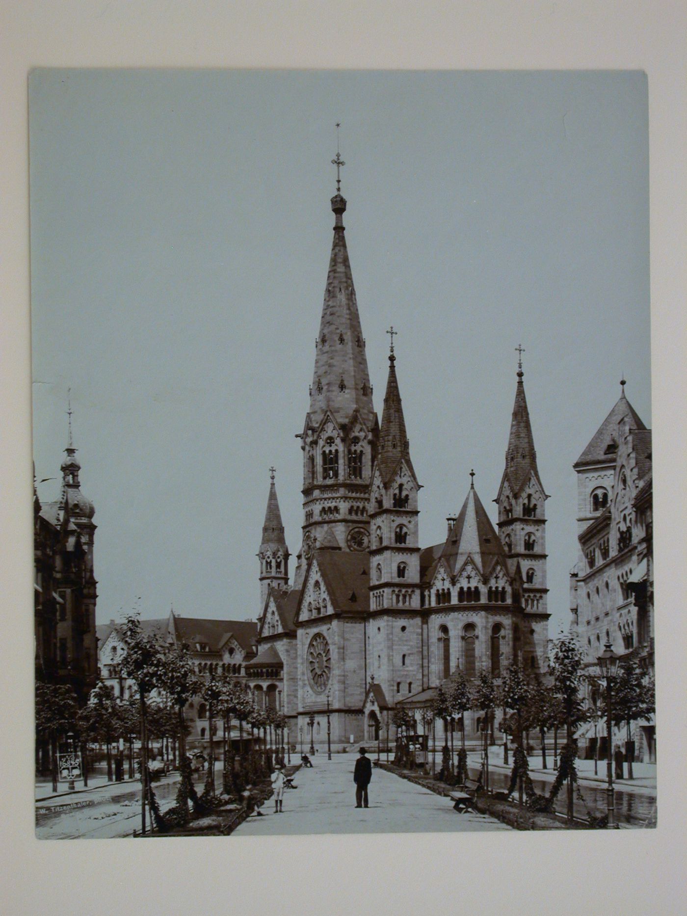 View looking up a street towards the Kaiser Wilhelm Memorial Church, Berlin, Germany