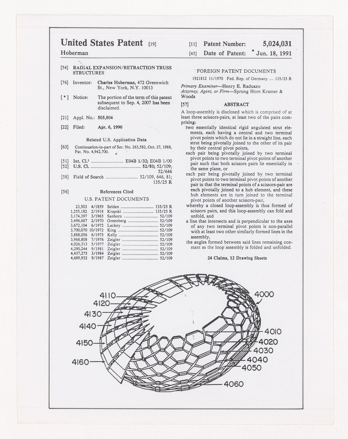 Patent for radial expansion/retraction truss structures (United States Patent Number 5,024,031)