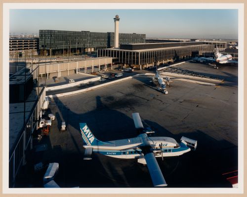 ORD: O’Hare Airfield: O'Hare Hilton (hotel), FAA control tower, and Terminal 2 from operations tower, O'Hare International Airport, Chicago, Illinois