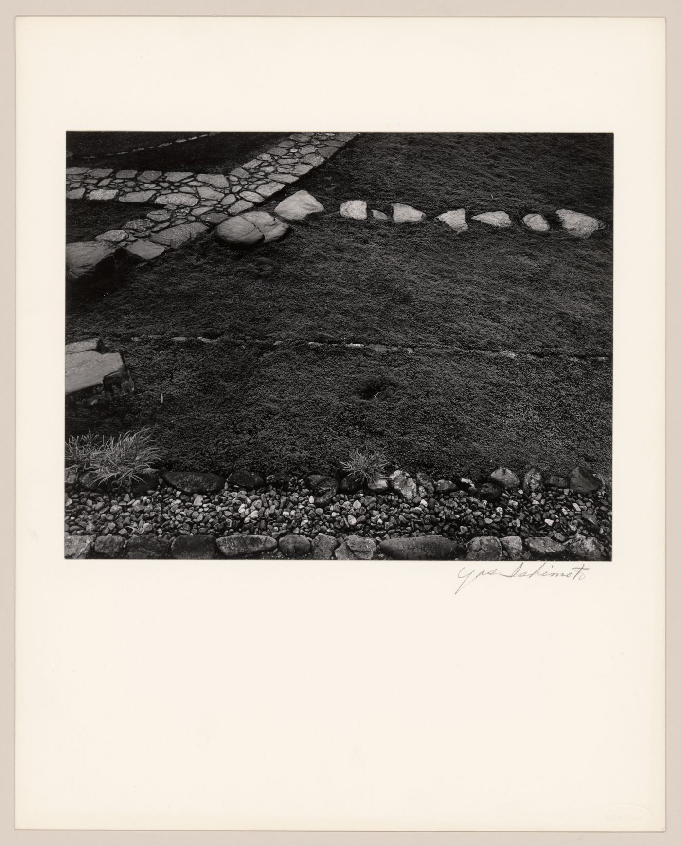 View of paving stones, stepping-stones, plants and moss in front of the broad veranda of the Old Shoin, Katsura Rikyu (also known as Katsura Imperial Villa), Kyoto, Japan