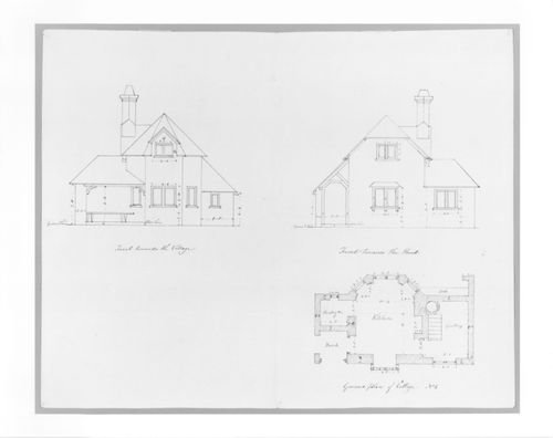 Two elevations and a ground plan for a picturesque cottage