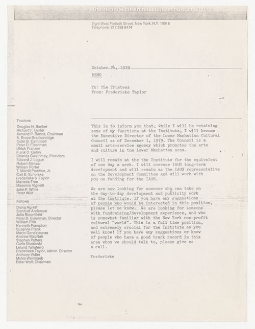 Memorandum from Frederieke Taylor to the Board of Trustees about Taylor reducing her role at IAUS