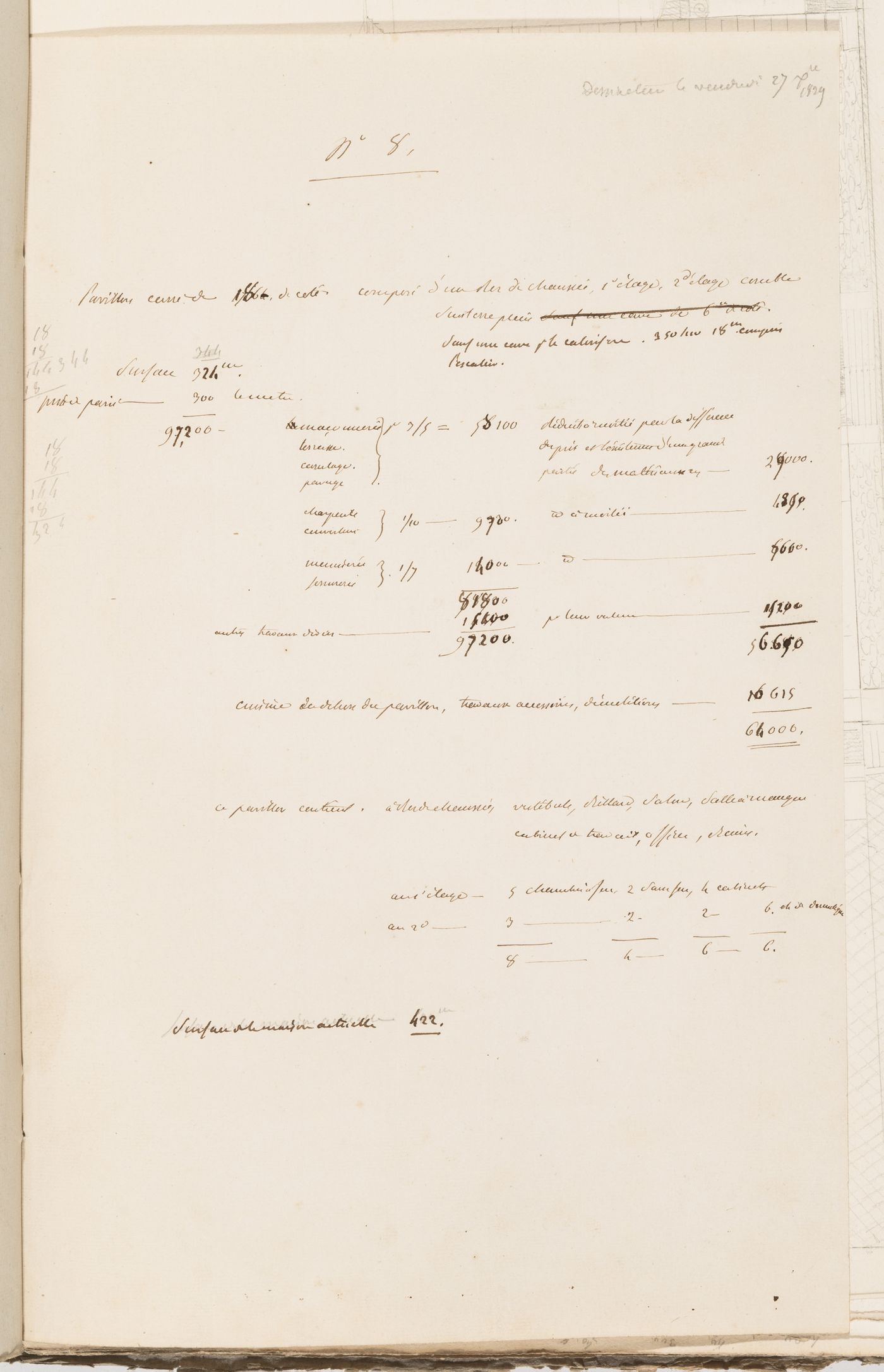 Project no. 8 for a country house for comte Treilhard: Calculations and notes