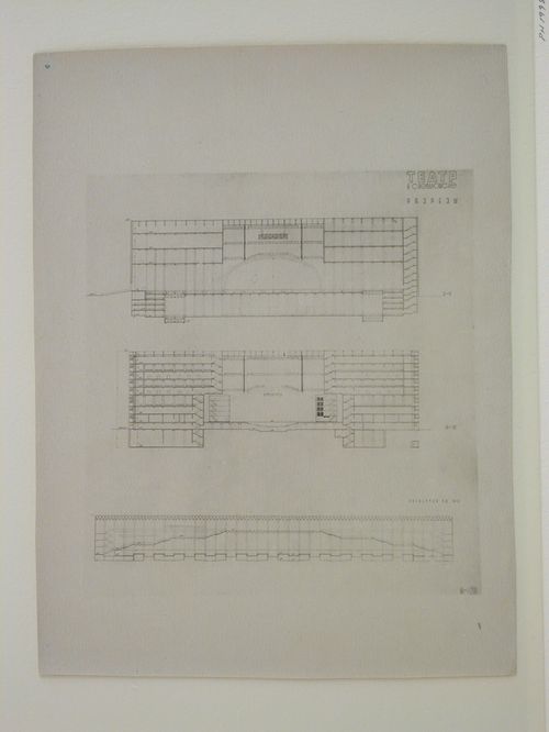 Photograph of sections for the final round of competition for a "synthetic theater" in Sverdlovsk, Soviet Union (now  Ekaterinburg, Russia)