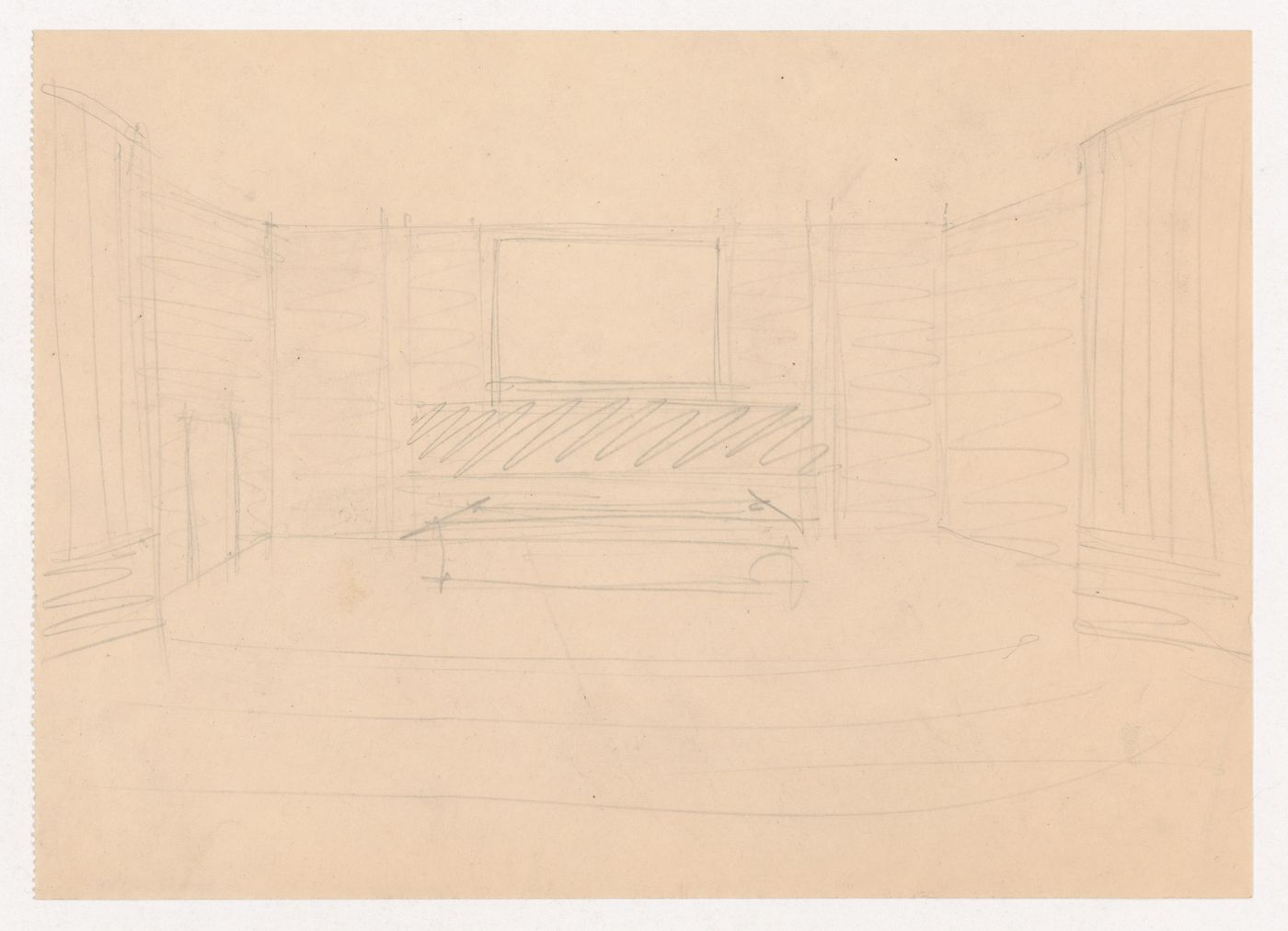 Interior perspective sketch for an auditorium for the Metallurgy Building showing a lectern and screen, Illinois Institute of Technology, Chicago