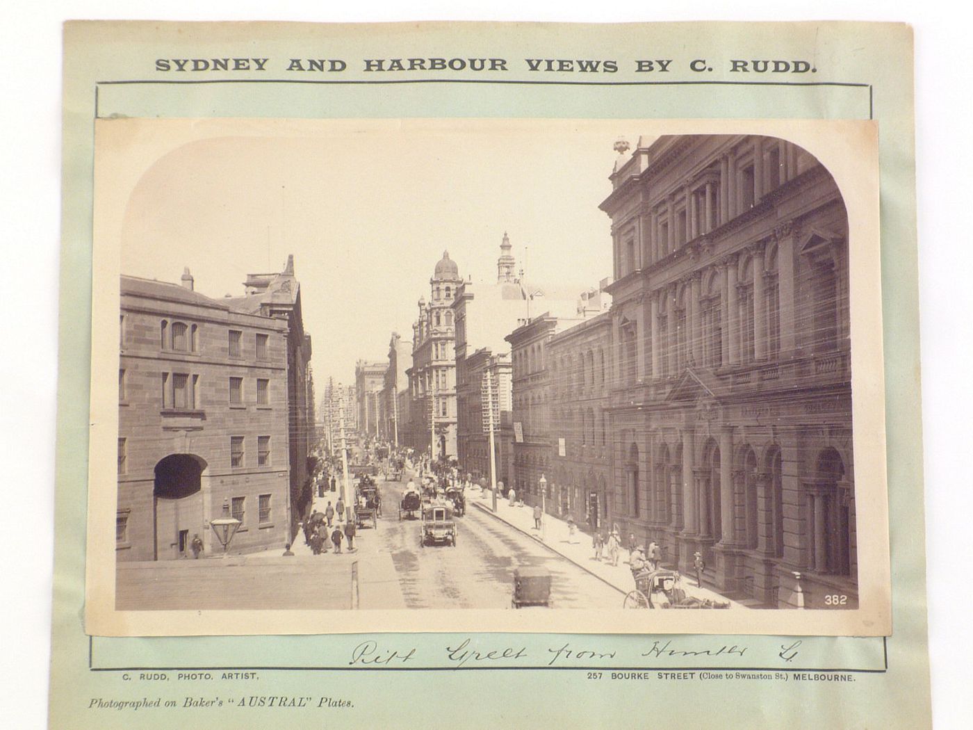 View of Pitt Street from Hunter Street showing the Australian Mutual Provident Society building on the right, Sydney, Australia