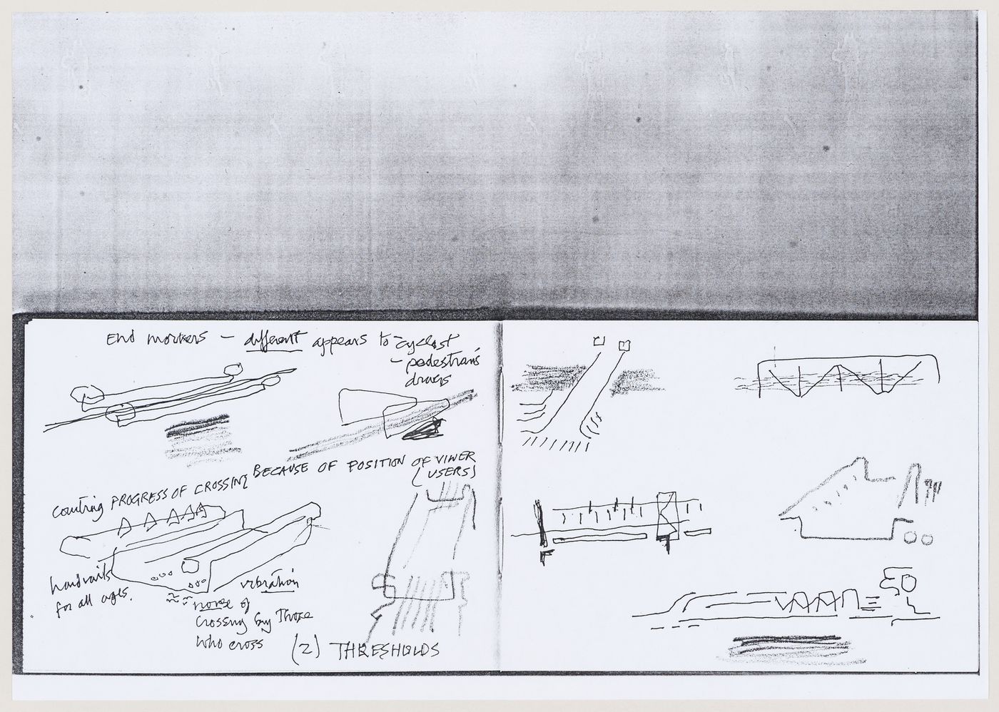 Bridges@leidschenveen.nl (Competition), 1997-1998, entry by Cedric Price: conceptual sketches, some with notes