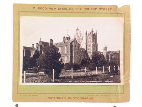 View of the Church of England Grammar School showing the clock tower, Melbourne, Australia