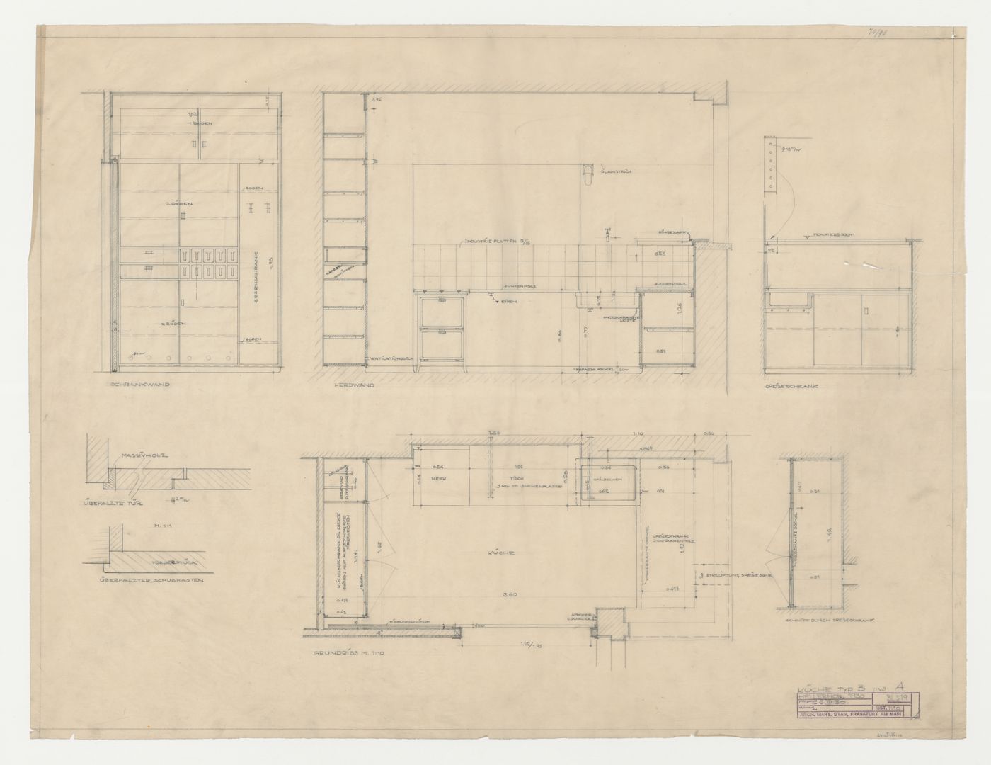 Plan, elevations, and sectional details for a kitchen for type A and type B housing units, Hellerhof Housing Estate, Frankfurt am Main, Germany