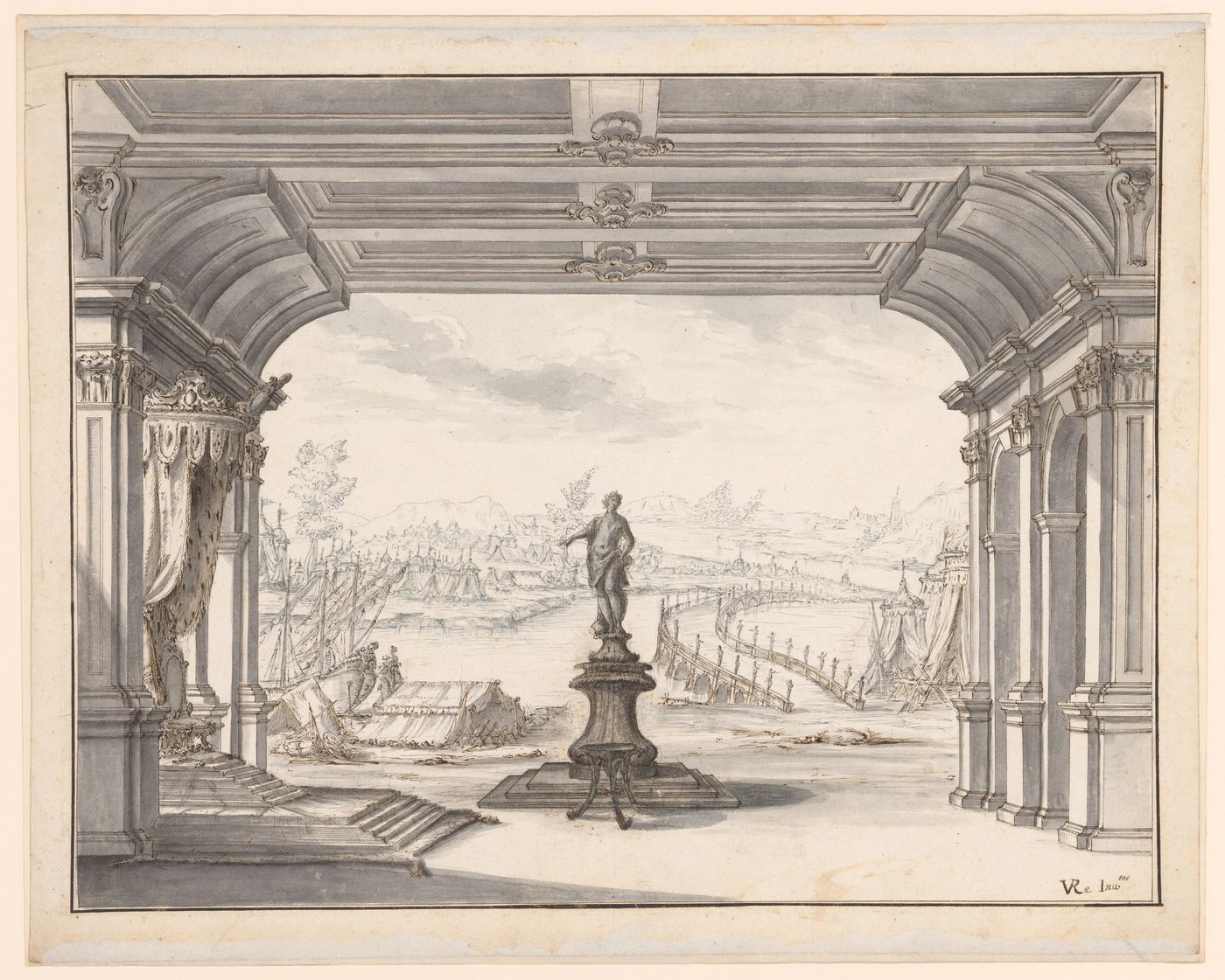 Statue pointing to a throne under an arch