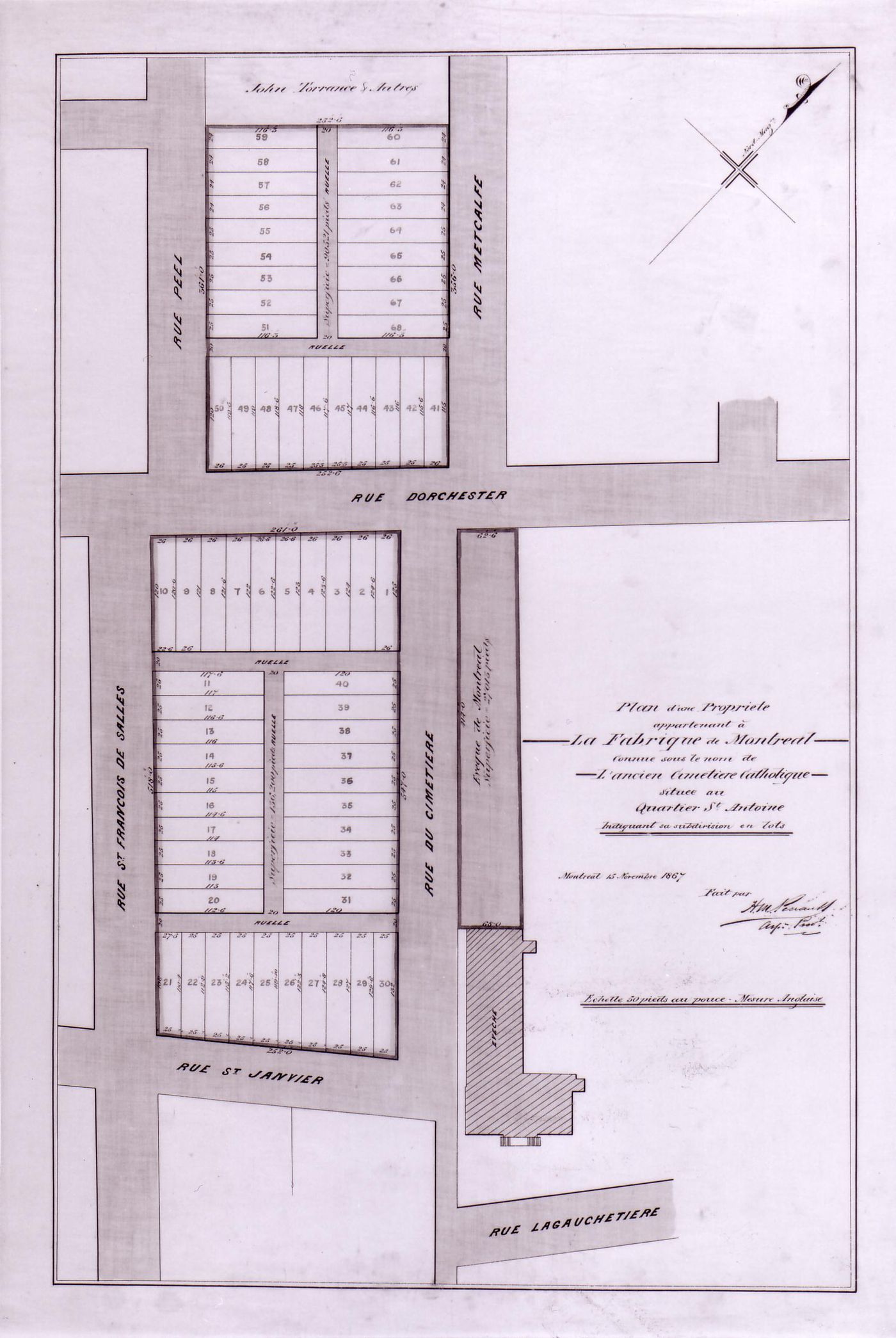 Site plan of the Cimetière du faubourg Saint-Antoine (also known as l'Ancien Cimetière Catholique), Montréal