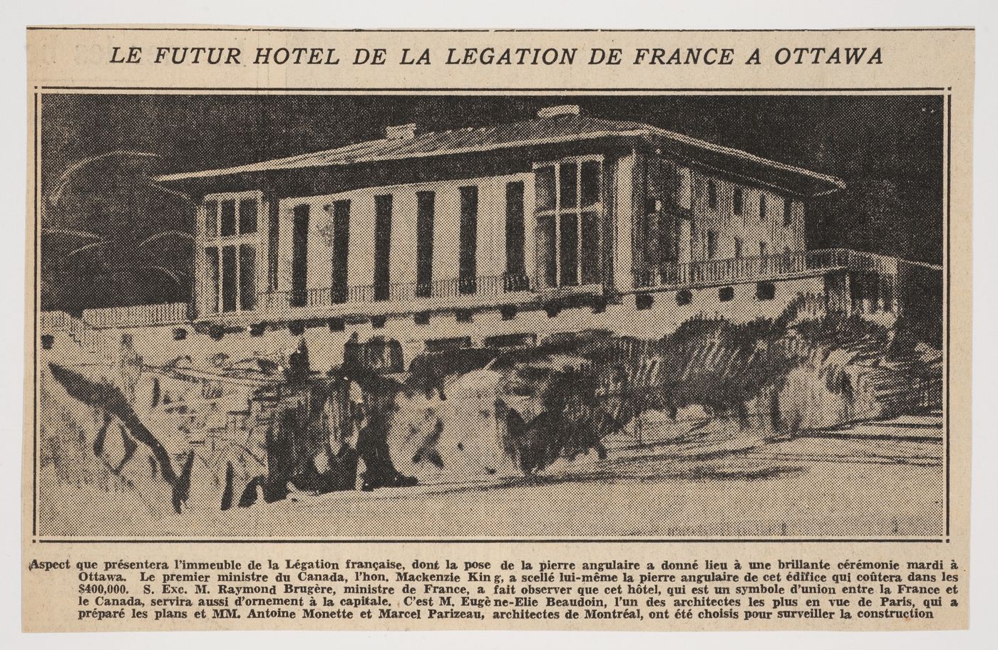 Coupure de presse au sujet de la pose de la pierre angulaire de l'immeuble de la Légation de la France, Ottawa, Ontario