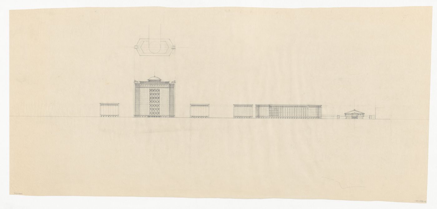 Street elevation for the reconstruction of the Hofplein (city centre) showing Industriegebouw Plan A, other mixed-use developments, and Café Viaduct and plan for Industriegebouw Plan A, Rotterdam, Netherlands