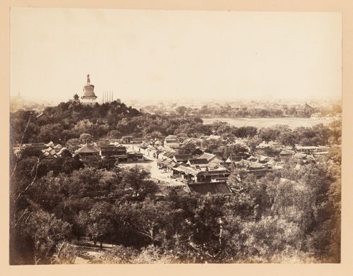 Panoramic view of a section of the Imperial City showing Jade Flowery Island [Qionghua Dao], the White Pagoda [Bai Ta], part of North Lake [Beihai] and other structures in the Western Garden (now Beihai Park), Peking (now Beijing), China