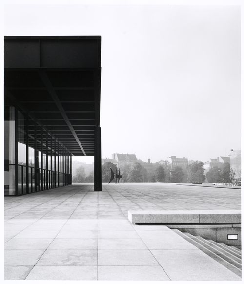 Partial view of a façade of the Exhibition Pavilion showing a square and the sculpture "Tetes et Queue" [Heads and Tails], New National Gallery, Berlin, Germany