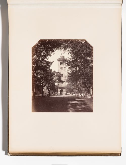 View of the clock tower and lighthouse, Queen's Street (now Janadhipathi Mawatha) and Chattam Street, Colombo, Ceylon (now Sri Lanka)