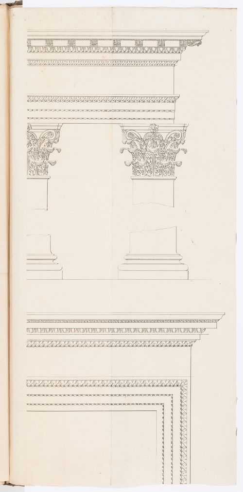 1800 Grand Prix Competition: Elevations of a cornice, capitals and base and a panel for an École nationale des beaux-arts
