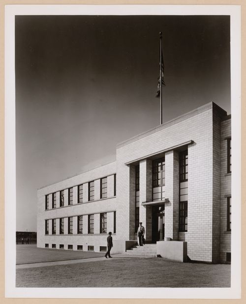 View of the main entrance to the Administration Building, General Motors Corporation Chevrolet division Aviation Engine Plant, Tonawanda, New York