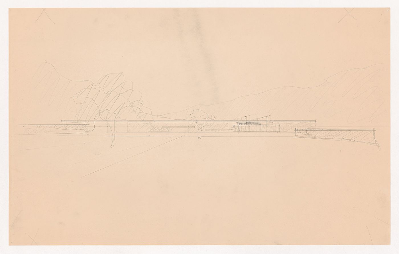 Perspective for the principal elevation for Museum for a Small City with surrounding landscape