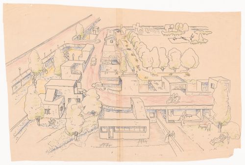 Perspective sketch of elevated highway and housing for Linear city, Chandigarh, India