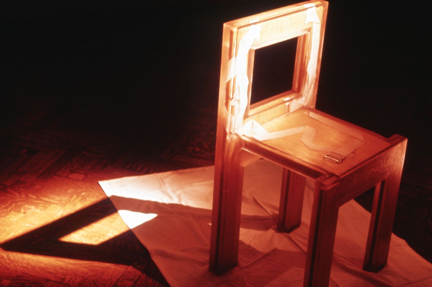 Slide of wearable chair installation at Minneapolis Institute of Art for performance Vestirsi Di Siede