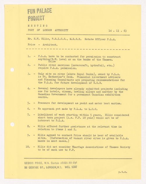 Meeting notes with Port of London Authority regarding the Fun Palace Project