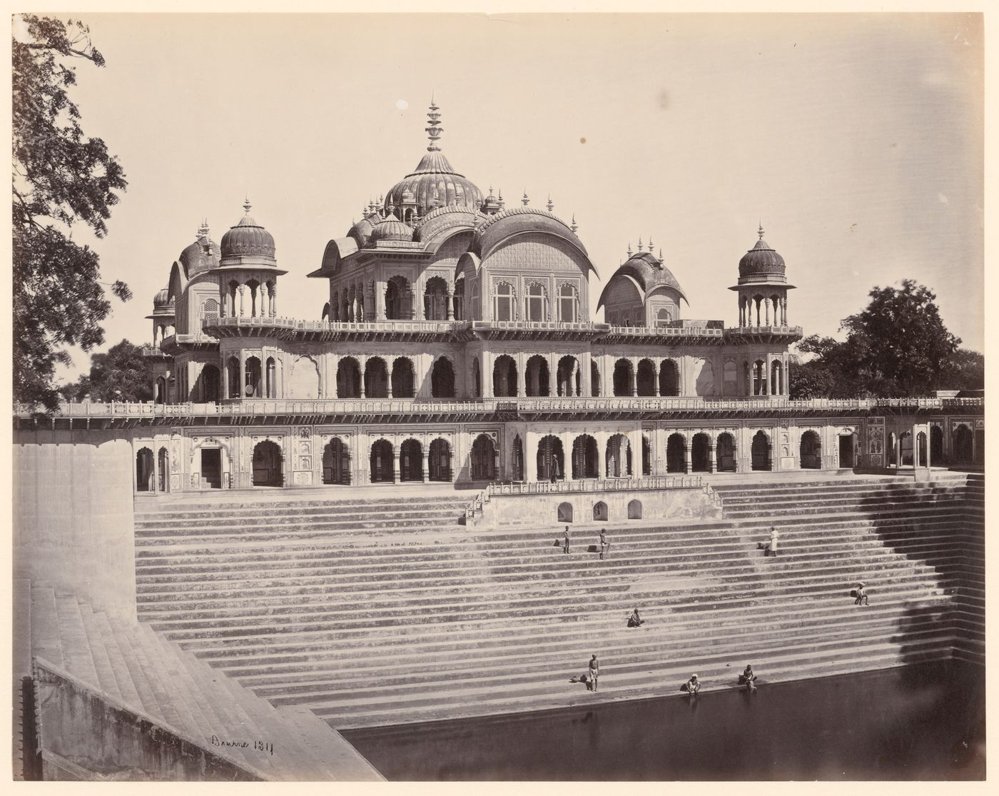 View of a pavilion and ghat, Bhurtpore (now Bharatpur), India