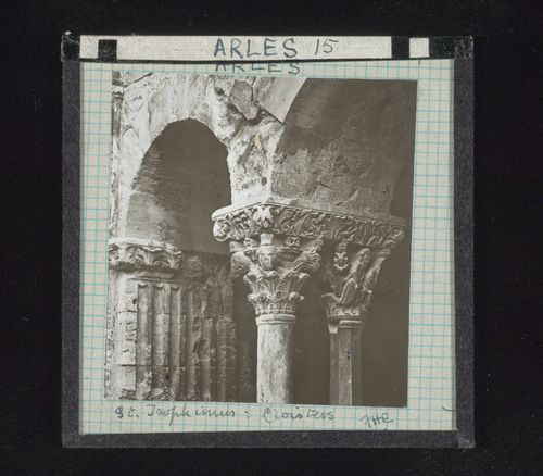 Detail view of arcade with capitals in cloister of Saint-Trophime, Arles, France