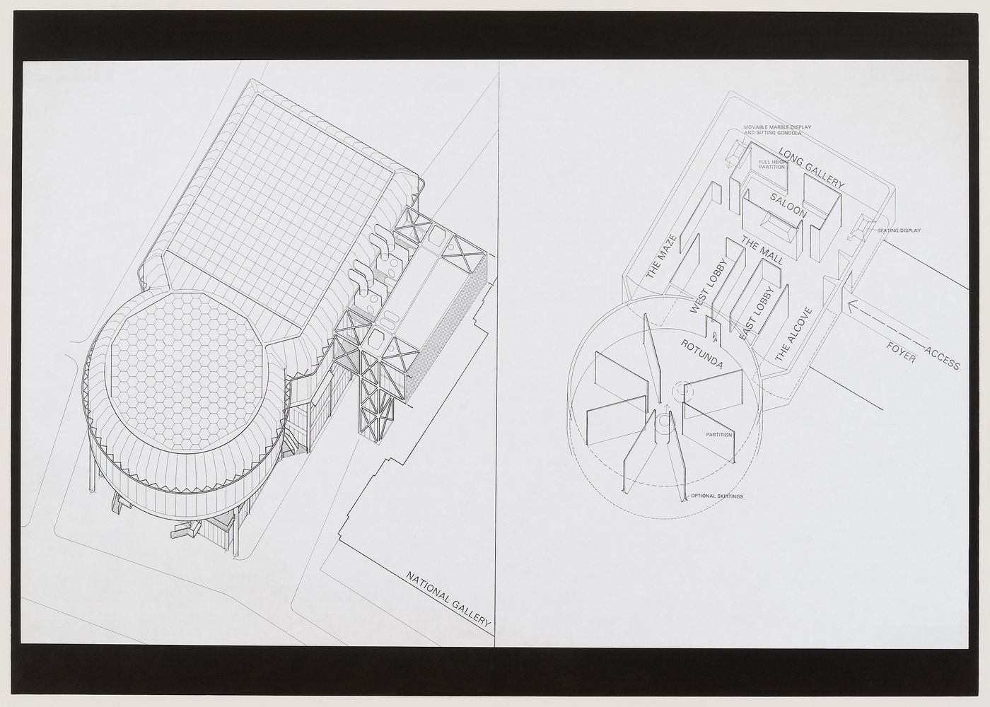 Trafalgar (entry in the competition for the Hampton Site Extension to the National Gallery): exterior and interior axonometrics

