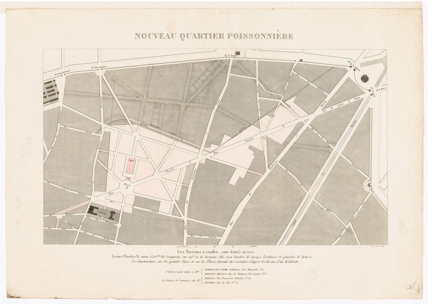 Site plan for the nouveau quartier Poissonnière showing the proposed rue Charles X
