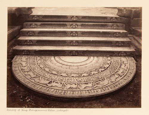 View of a moonstone and staircase, King Mahasen's Palace, Anuradhapura, Ceylon (now Sri Lanka)