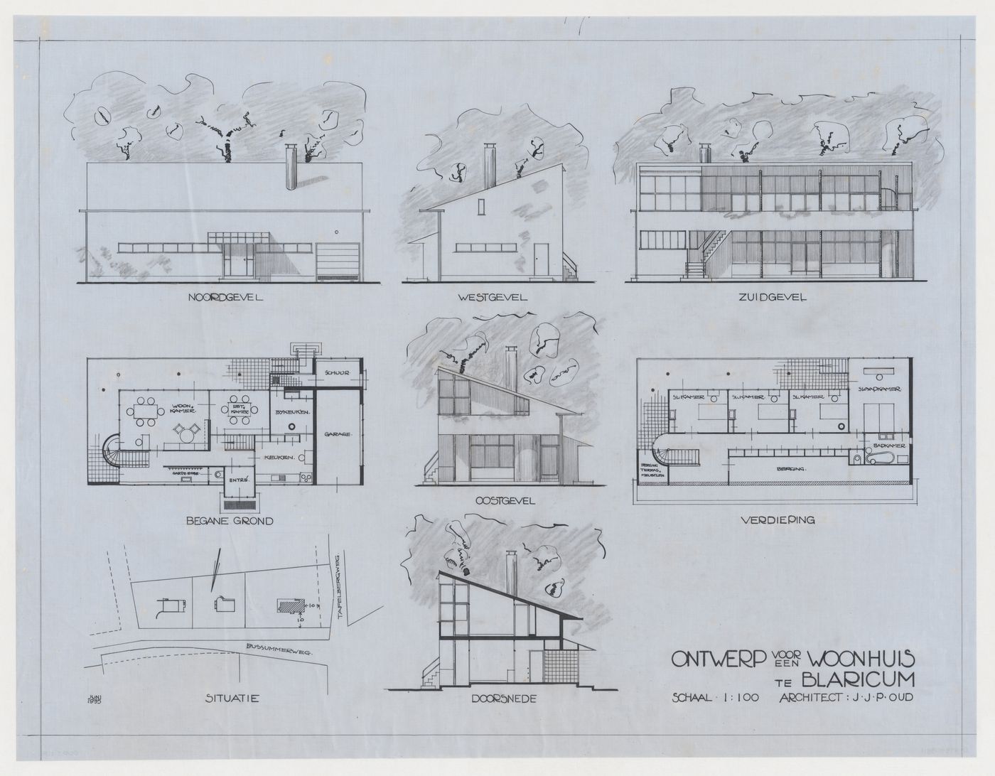 Site plan, plans, elevations, and section for Pfeffer-De Leeuw country house, Blaricum, Netherlands