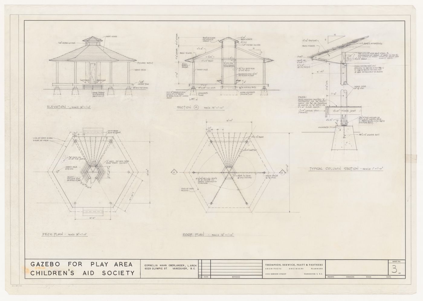 Plans, elevation, section, and detail for gazebo for play area for Eileen Colbert Home, Vancouver, British Columbia