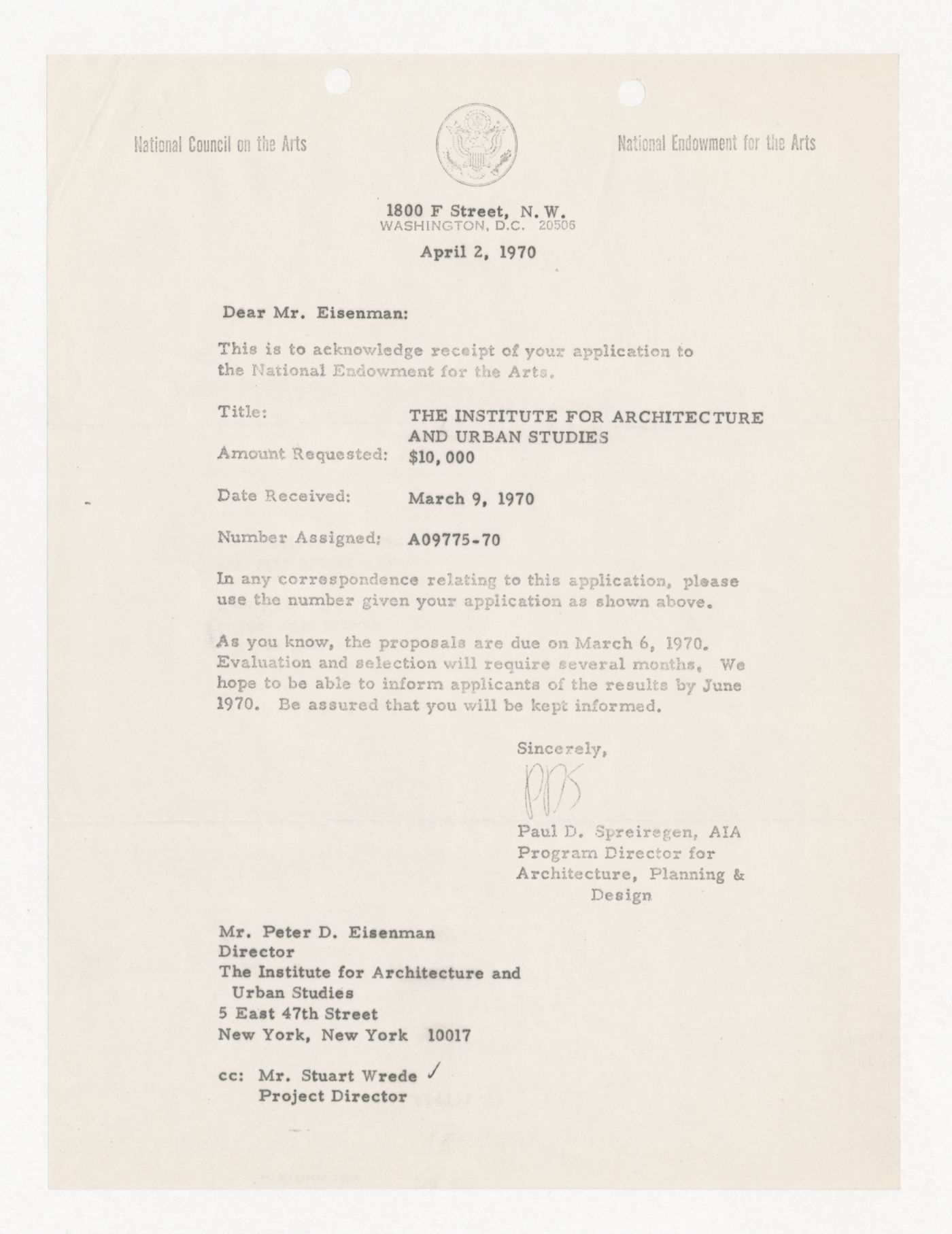 Letter from Paul D. Spreiregen to Peter D. Eisenman acknowledging receipt of grant application by the National Endowment for the Arts (NEA)