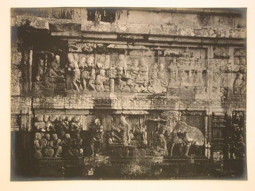 Close-up view of relief panels on the temple of Borobudur depicting an elephant, horses and figures, Borobudur, Indonesia