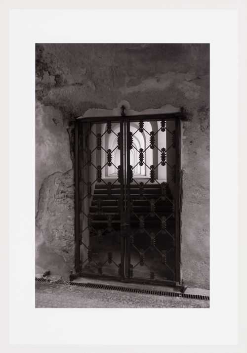 Metal door and stairway beneath the Garden of the Bastion, Prague Castle